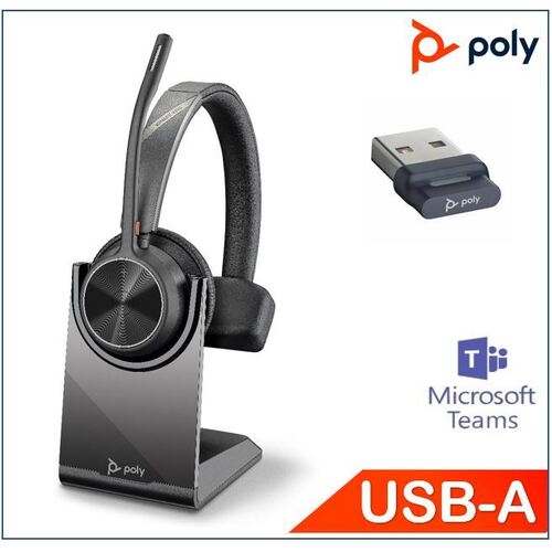 Poly Voyager 4310 Mono Teams & UC with Charge Stand, 77Y93AA, USB-A Bluetooth Dungle, Noise canceling boom, Acoustice Fence